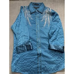 LAMASINI Shirt Mens Large Blue Metallic Embroidered Western Pearl Snap Dress